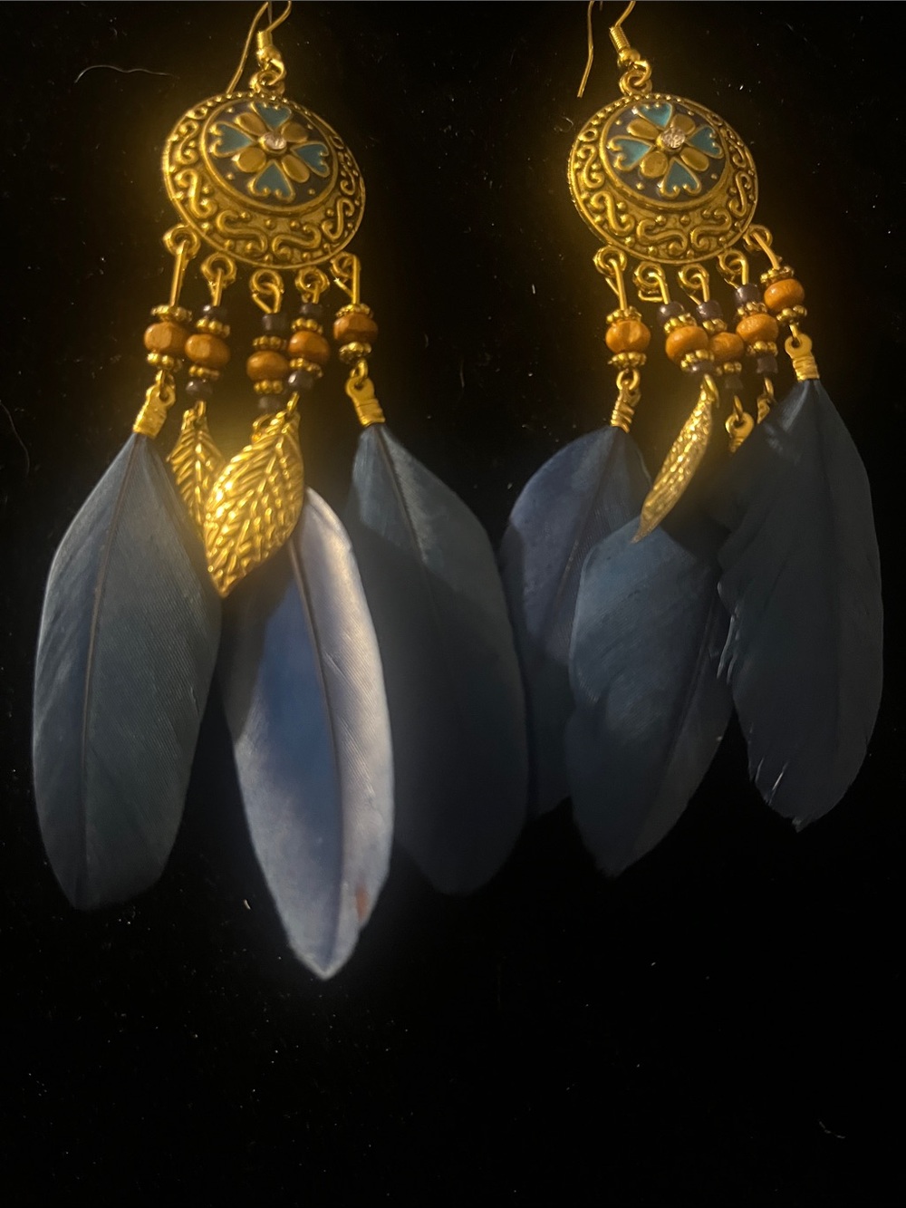 Boho Gold-Accented Blue Feather Dangle Earrings